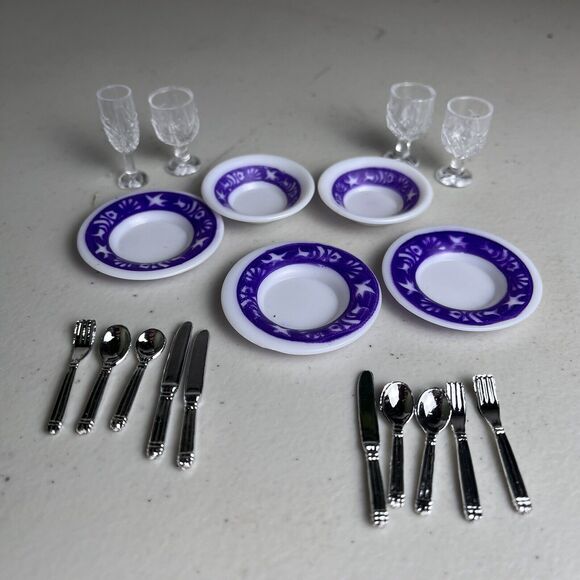Barbie Doll Dollhouse Miniatures Diorama Kitchen Plate Cutlery Wine Cups Glasses - Picture 2 of 11
